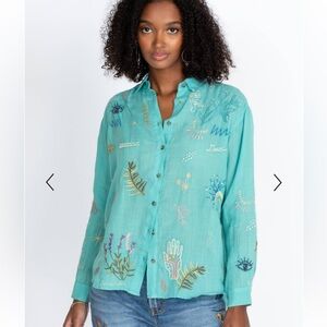 Johnny Was Sezane Turquoise Embroidered oversized Button-Down Shirt